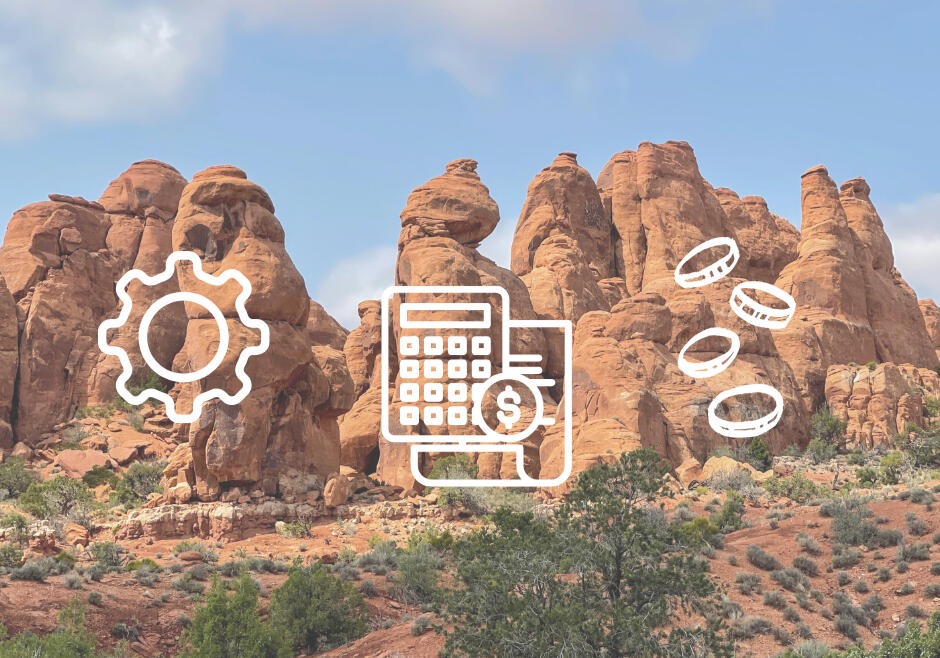 Services Image A doodle of a calculator, coins, and a gear icon with a photo of a desert landscape with red rock towers in the background.